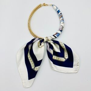 Nautical Coastal blue white tie closure scarf necklace gold tone beaded collar